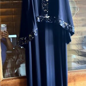 Navy Sequin Trim Long Maxi Dress